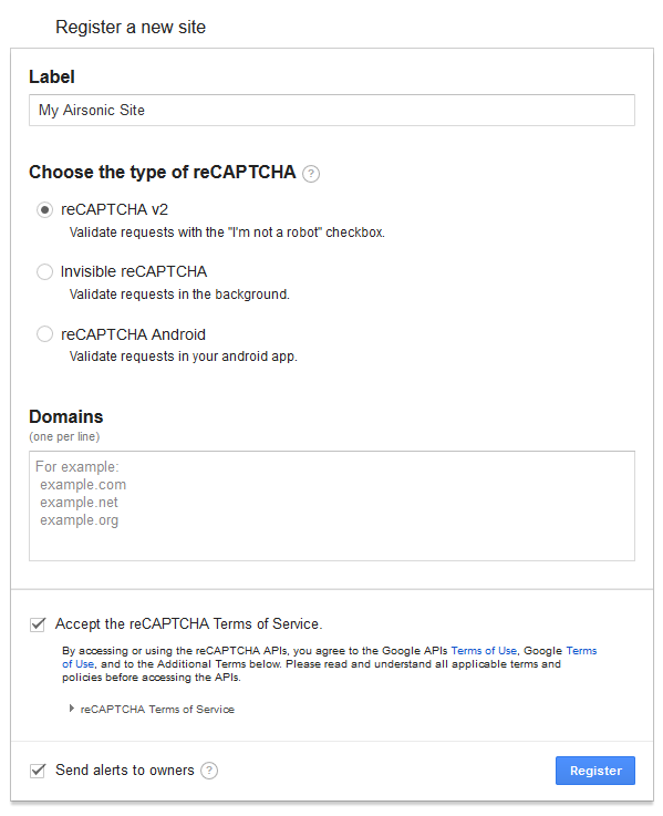 A screenshot of a sample reCAPTCHA registration form. The label field reads
"My Airsonic Site" and the radio button next to "reCAPTCHA v2" is
selected.