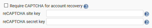 A screenshot of the settings page, containing a "require CAPTCHA for account
recovery" checkbox which is unchecked, and two text entry fields for a reCAPTCHA
site and secret key which are both empty.